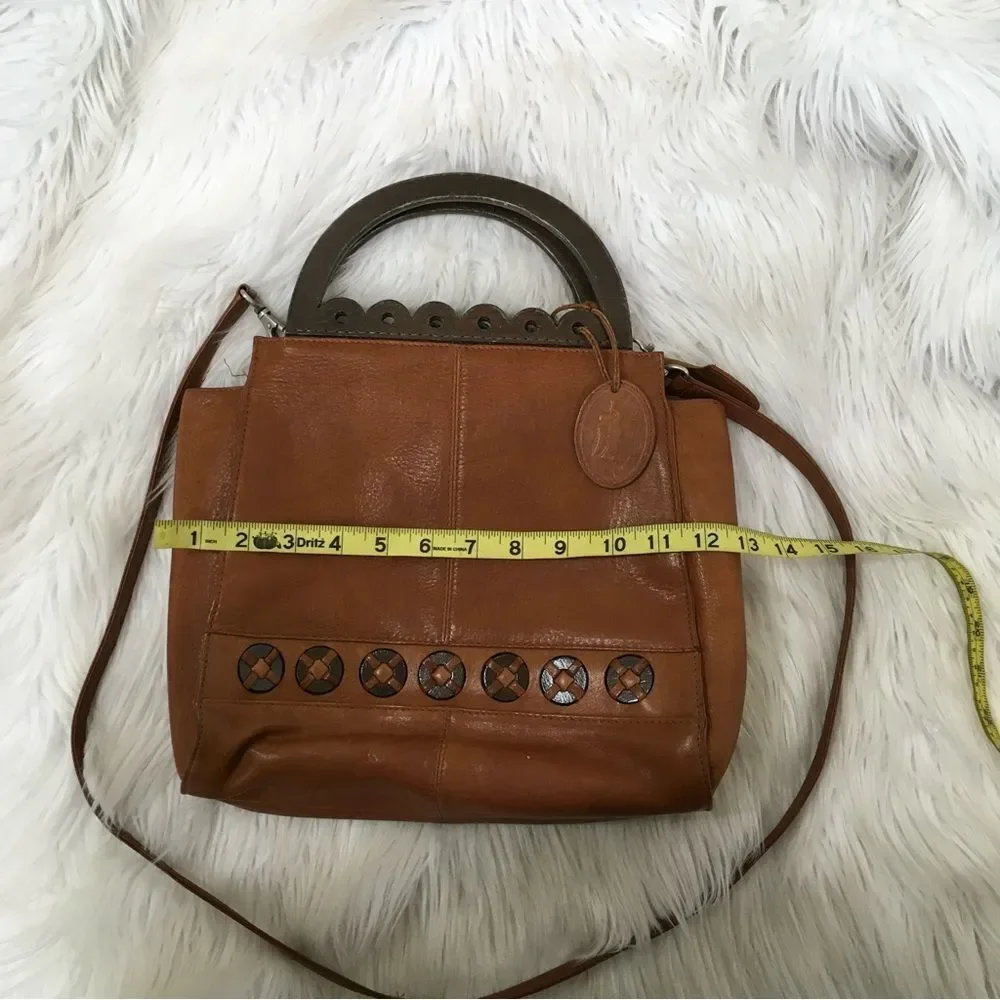 American Angel Womens Genuine Leather Wood Handle Shoulder Crossbody Bag Brown